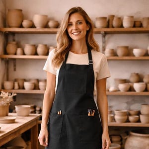 May include: A black apron with two front pockets and a chest pocket. The apron has a long design and is worn by a person. The background shows pottery and shelves filled with ceramic items.