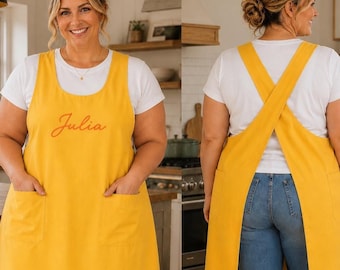 Custom Embroidered Big and Tall Cross Back Pinafore, Cotton Work Apron Men Women, XL-8XL
