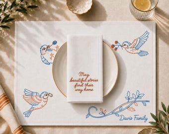Personalized Bird Nest Placemat, Custom Cotton Table Mat, Interactive Family Linens