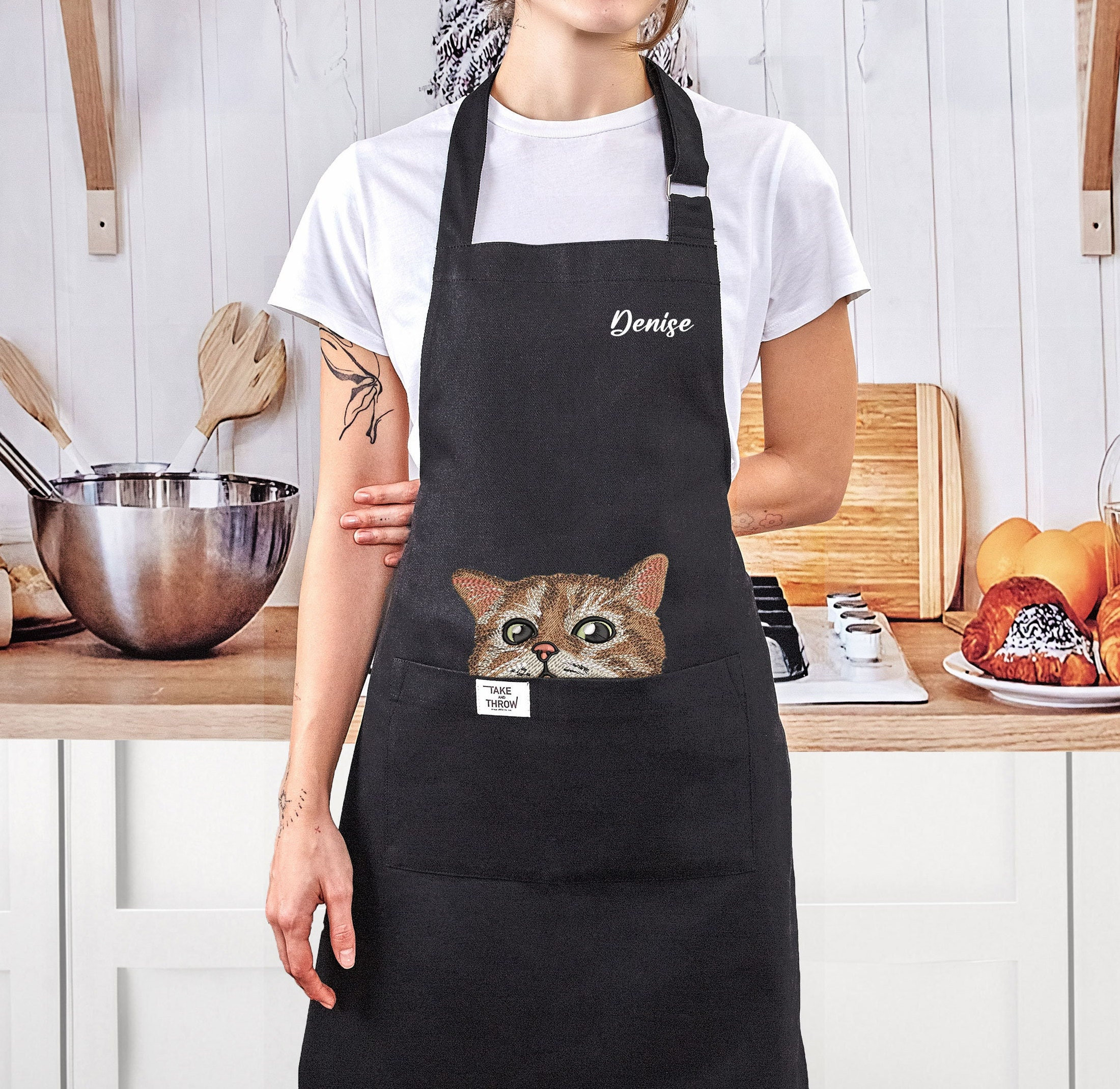 Custom Cat Apron: Personalized Embroidered Denim, Funny Gift