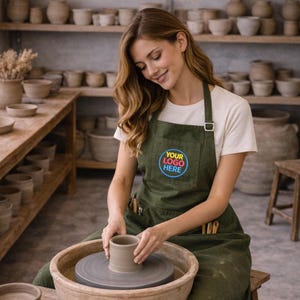 Avental de algodão bordado com logotipo personalizado para cerâmica, ideal para brindes corporativos e empresariais.