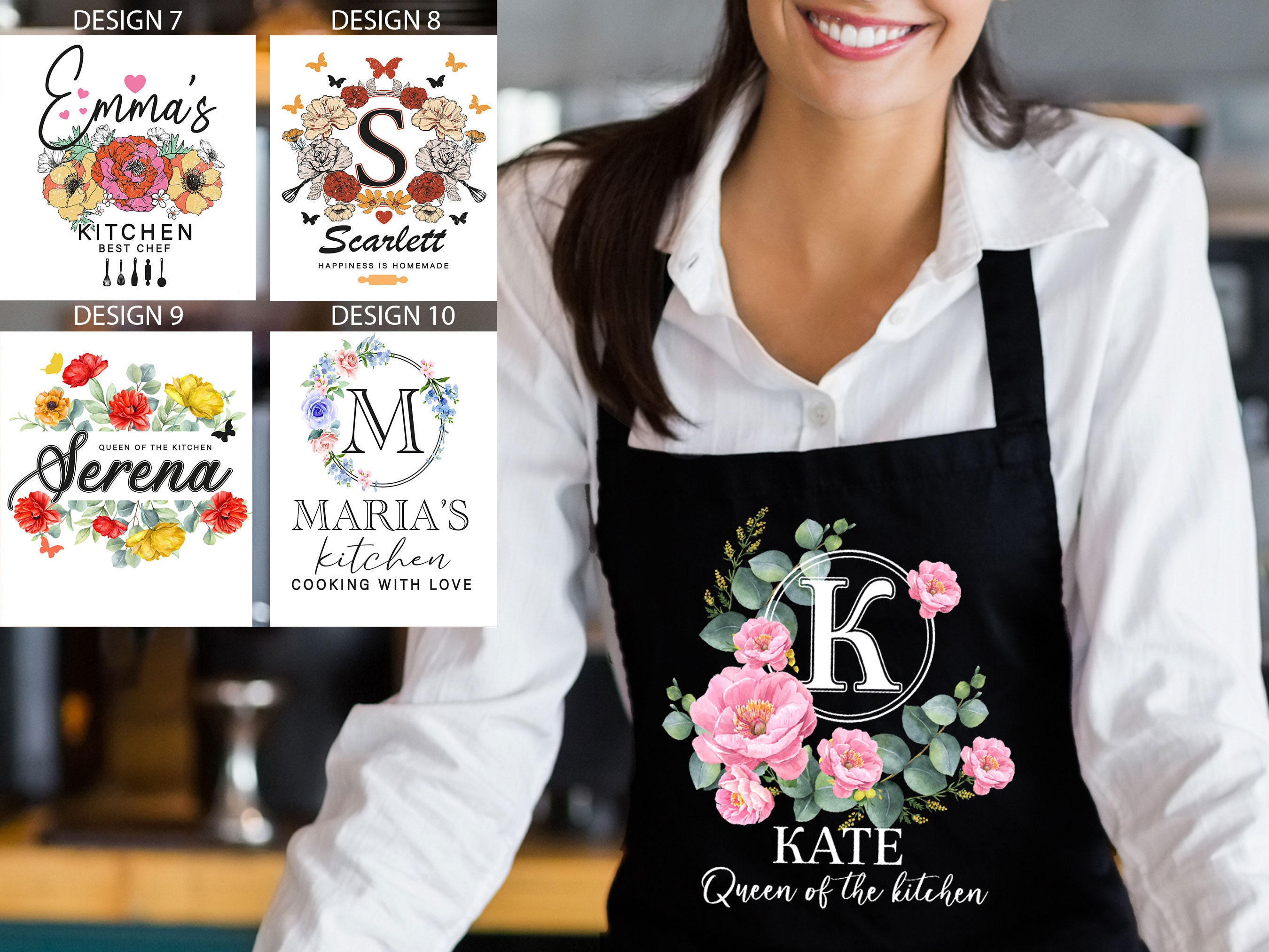 Personalized Floral Kitchen Apron for Women | Custom Cotton Baking Apron