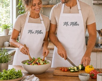 Custom Embroidered Kitchen Aprons for Couples, Organic Cotton Matching Name Set
