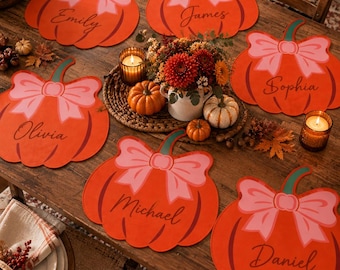 Custom Name Pumpkin Placemats, Coquette Bow Cotton Table Mats (Set of 2-8)