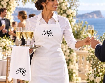 Server Towel and Custom Embroidered Cocktail Apron Set, Organic Cotton Waiter Bistro Workwear