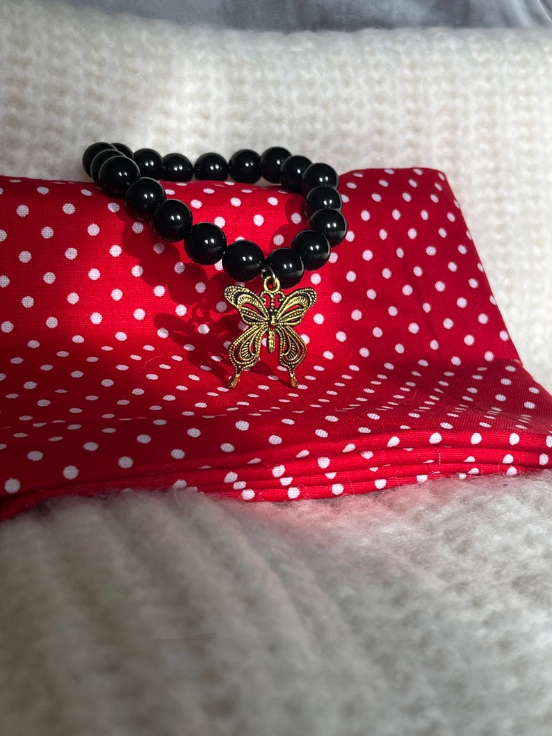 Butterfly Bracelet Black Bead Bracelet Womens Bracelet Boho Bracelet