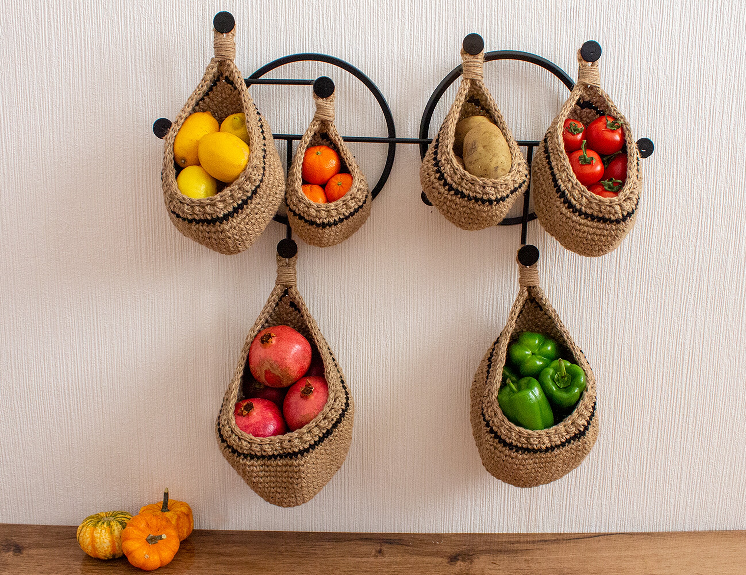 Hanging Fruit and Vegetable Basket, Wall Hanging Drop Basket, Jute