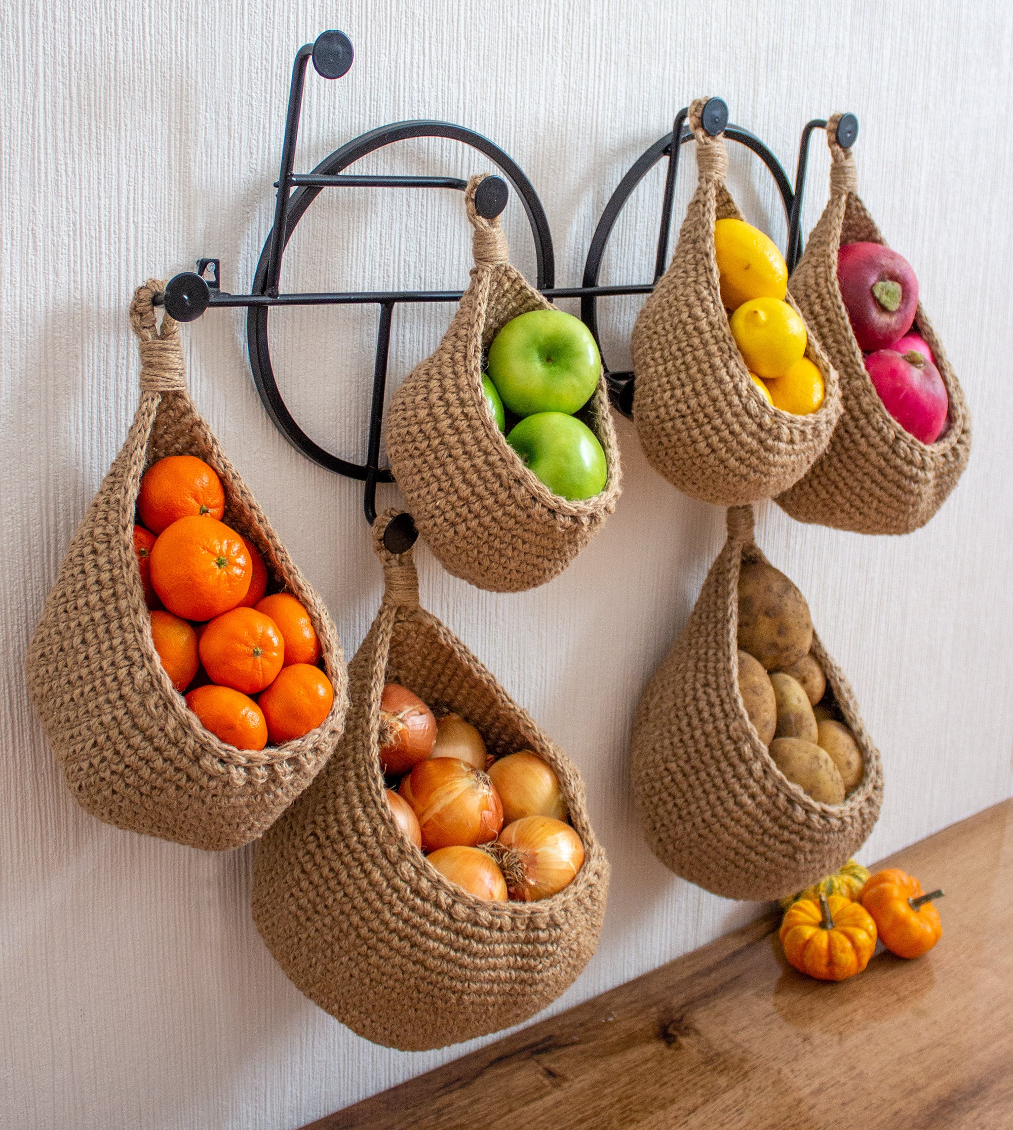 Hanging Handwoven Jute Basket Kitchen Vegetable Fruit Container