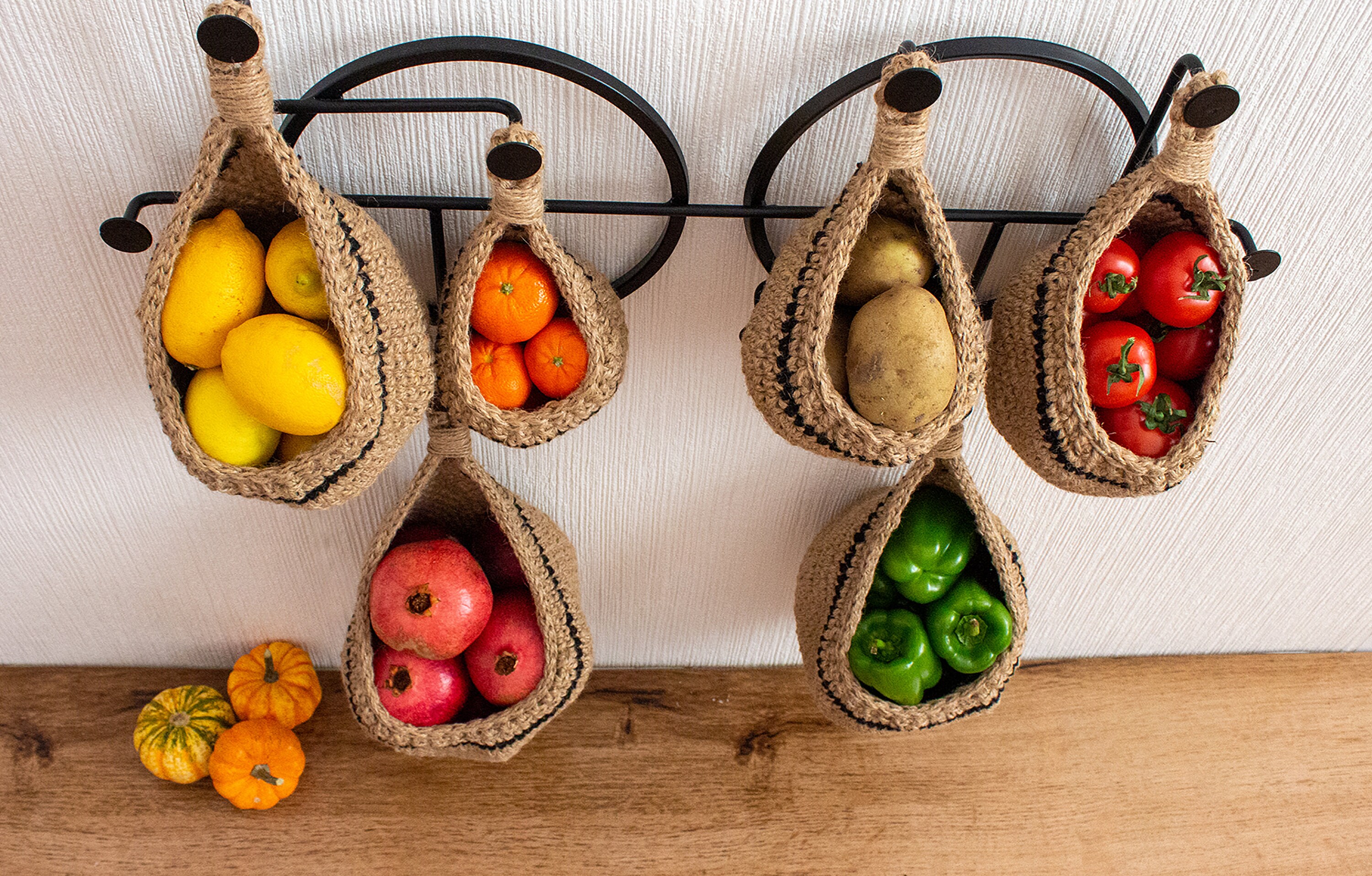 Hanging Fruit and Vegetable Basket, Wall Hanging Drop Basket, Jute
