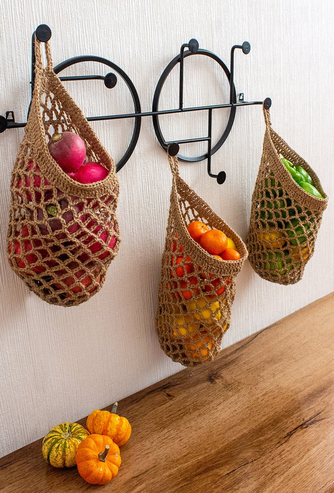 Hanging Fruit and Vegetable Basket, Wall Hanging Drop Basket, Jute