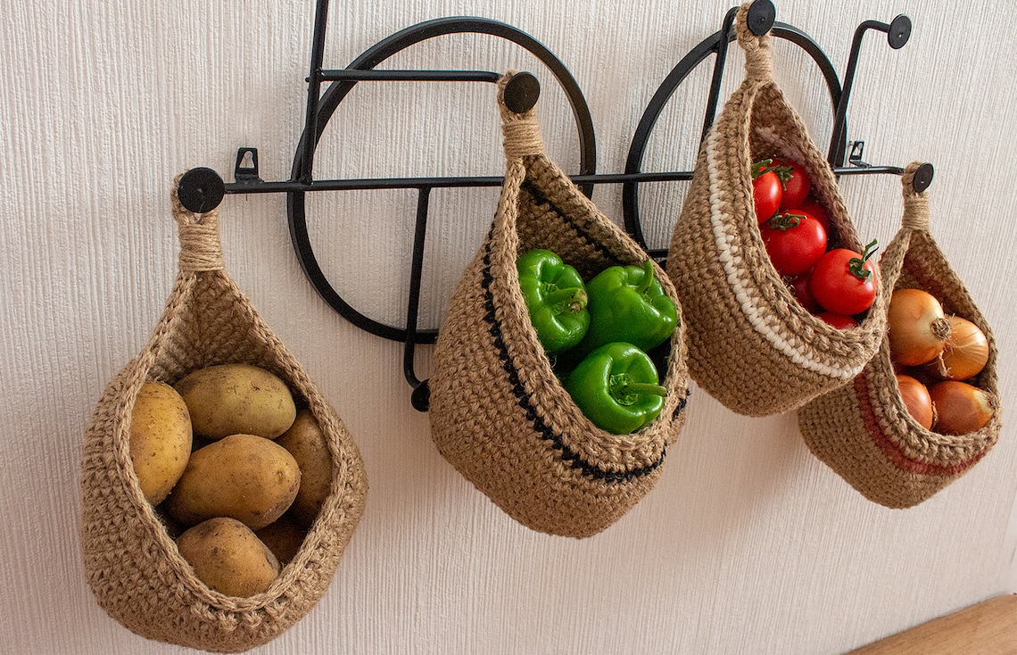 Hanging Fruit and Vegetable Basket, Wall Hanging Drop Basket, Jute