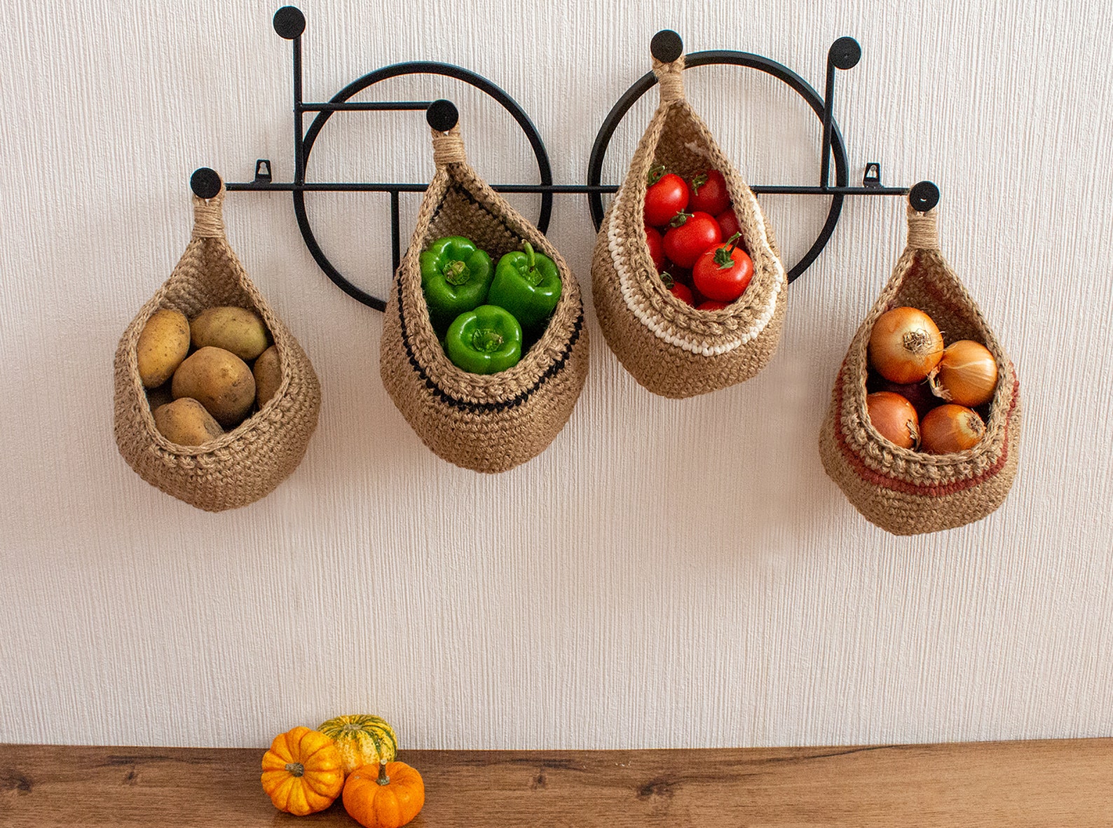 Hanging Fruit and Vegetable Basket, Wall Hanging Drop Basket, Jute