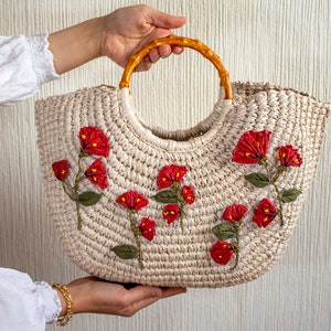 ストローバッグ、フレンチバスケット、ポピーフラワー刺繍バッグ、ハンドメイドモロッコバスケット、ナチュラルフレンチバスケット、サマーバッグ、ビーチバッグ、彼女へのプレゼント