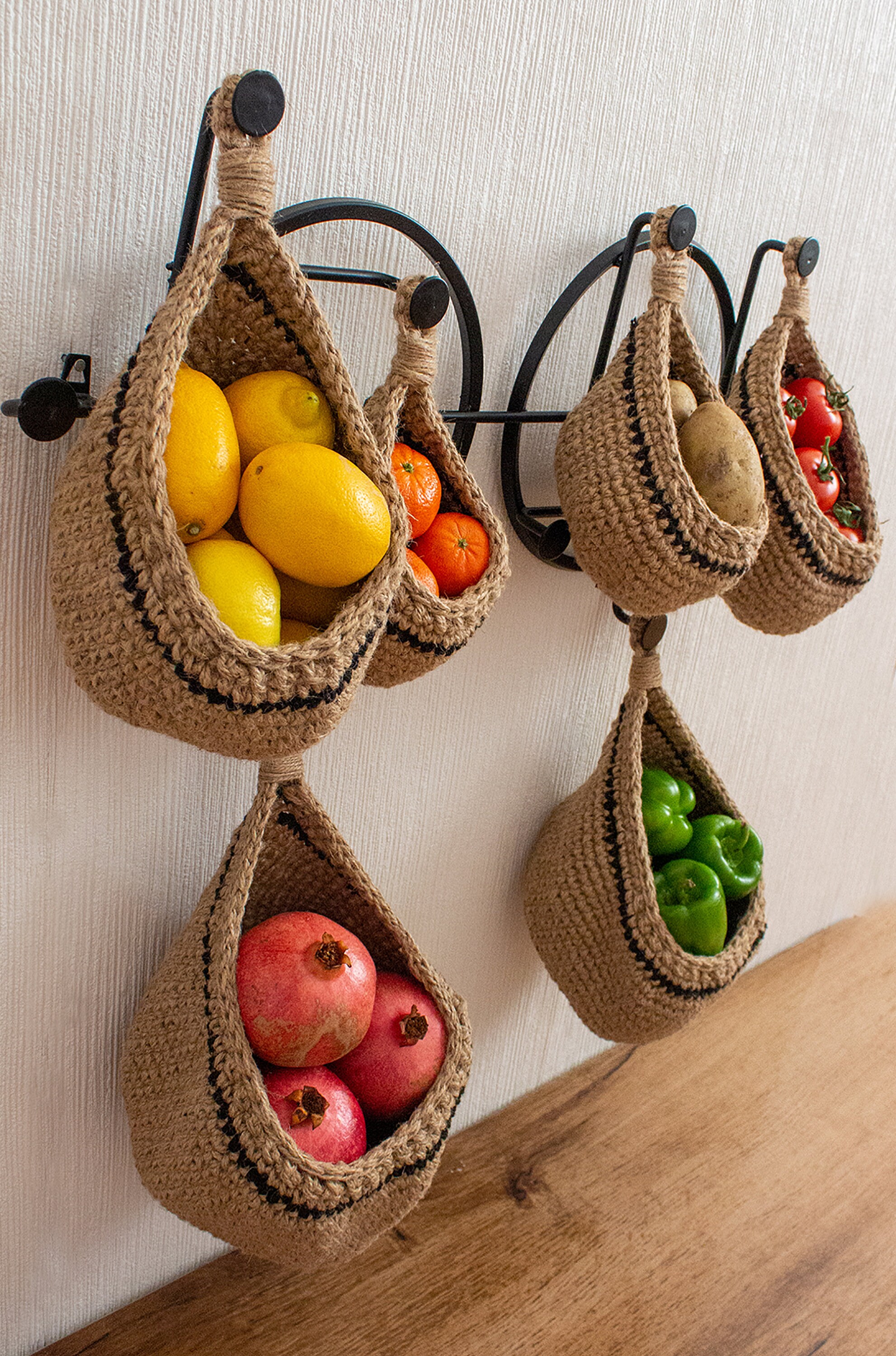 Hanging Fruit and Vegetable Basket, Wall Hanging Drop Basket, Jute