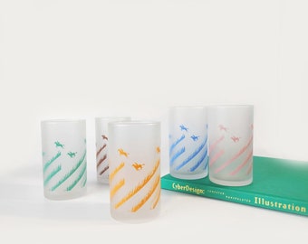 Mid Century Rare Set of Five Frosted Tumblers/ Juice Glasses with Cool Horse Show Jumpers Design