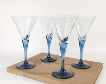 Divine Set of 4 vintage Crystal Italian Tulip Venetian Bleu wine glasses or Cocktail Martini Glasses Made in Italy