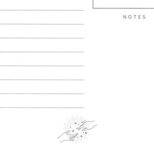 May include: A lined notebook with a black and white illustration of two hands reaching towards each other with a burst of stars in the middle. The text "NOTES" is printed at the top of the page.