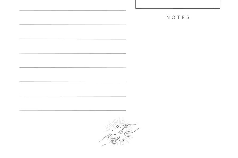 May include: A lined notebook with a black and white illustration of two hands reaching towards each other with a burst of stars in the middle. The text "NOTES" is printed at the top of the page.