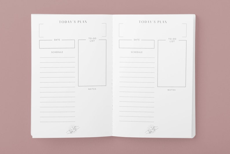 May include: A white planner with two pages open, each page has a section for "Today's Plan" with headings for "Date", "To-Do List", "Schedule", and "Notes".