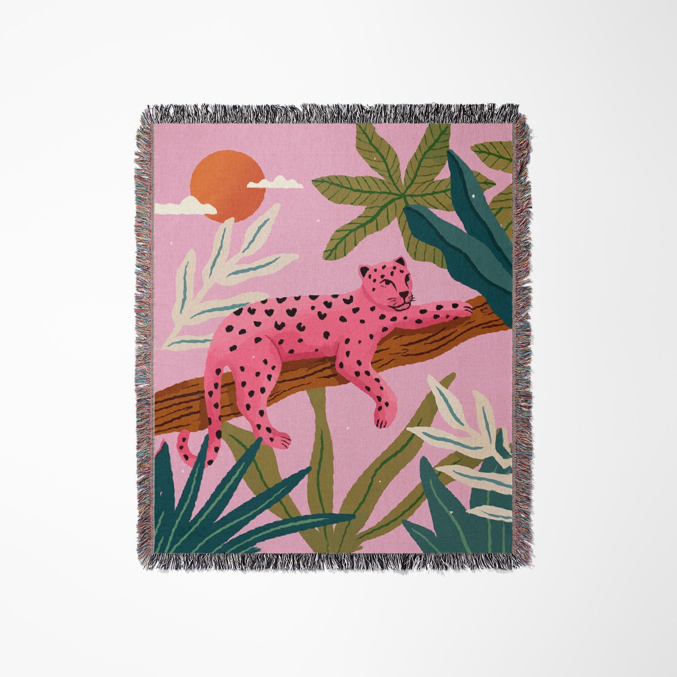 Pink Leopard Woven Throw Blanket: Tropical Jungle Tapestry