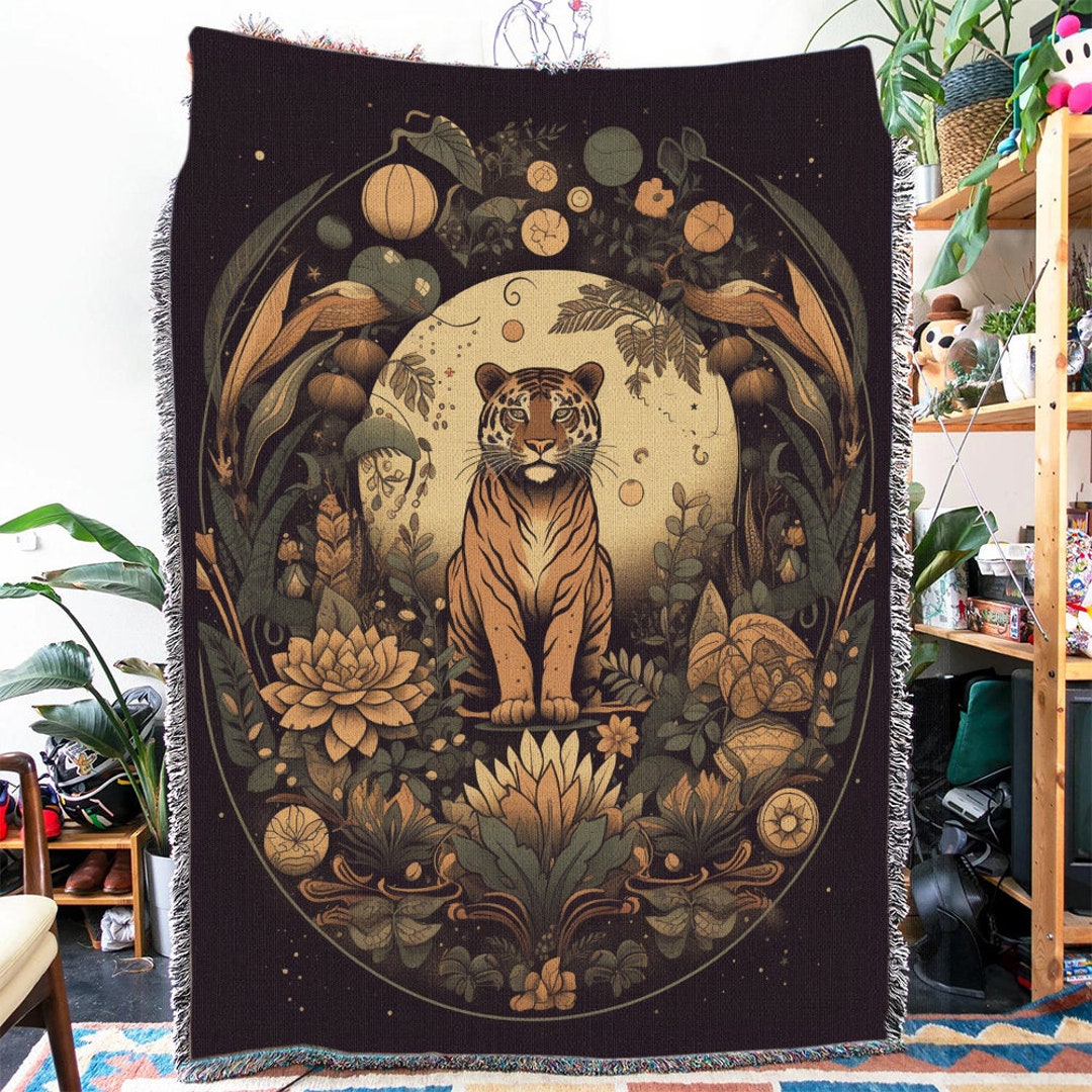Forest Tiger Woven Throw Blanket: Vintage Floral Jungle Tapestry - Etsy