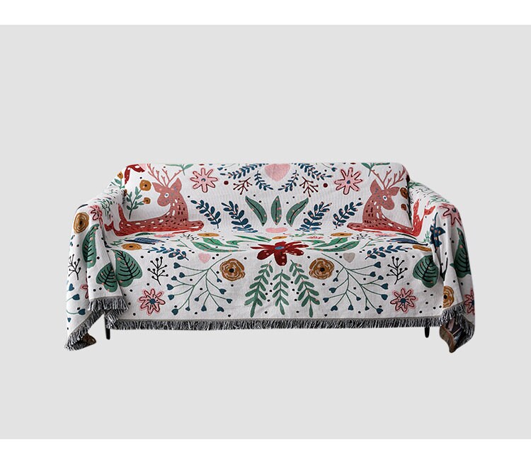 Pink Jacquard Throw Blanketcute Deer and Flower Sofa Woven Cotton