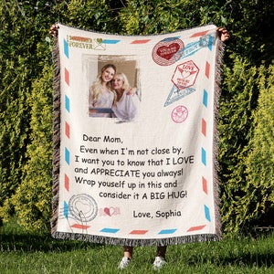 Personalizado para mi mamá, manta de gran abrazo, manta tejida de algodón, mejor manta de regalo para la madre, regalo de cumpleaños para ella, manta de carta personalizada