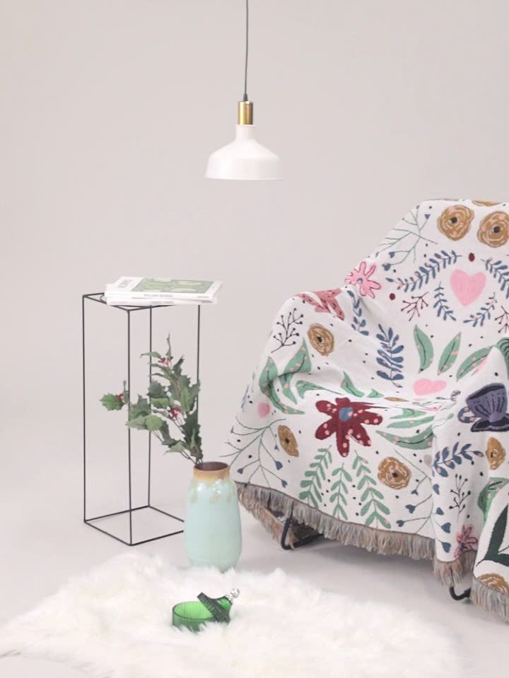 Pink Jacquard Throw Blanketcute Deer and Flower Sofa Woven Cotton