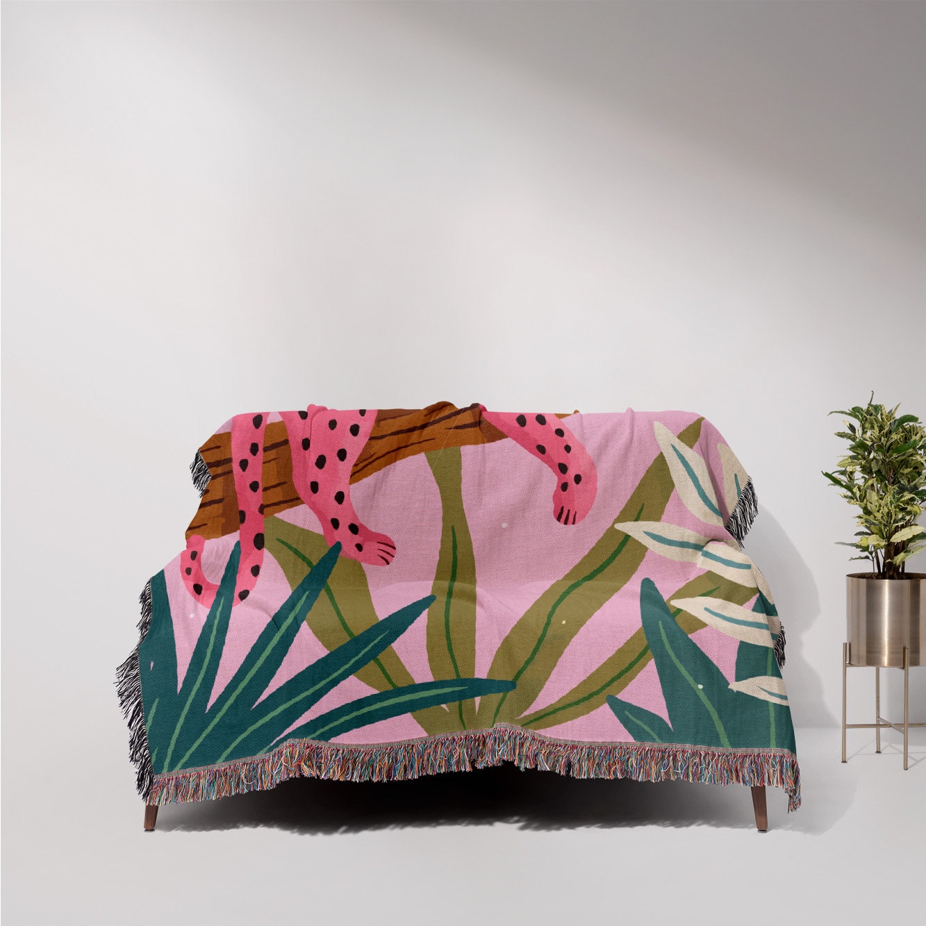 Pink Leopard Woven Throw Blanket: Tropical Jungle Tapestry