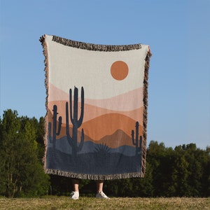 Desert Sun Woven Blanket｜Cactus Throw Blanket｜Vintage Sofa Blanket｜Retro Bedroom Tapestry｜Boho Picnic Blanket｜Anniversary Gift