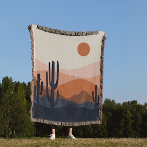 Desert Sun Woven Blanket｜Cactus Throw Blanket｜Vintage Sofa Blanket｜Retro Bedroom Tapestry｜Boho Picnic Blanket｜Anniversary Gift