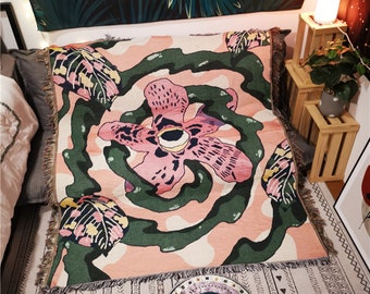 Floral Jacquard Throw Blanket: Woven Cotton Sofa Blanket (130X160cm)