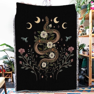 Night Flower Bushes Sofa Blanket, Moon Snake Weaving Blanket, Black Blanket Bedroom Decoration, Housewarming Gift For Best Friend
