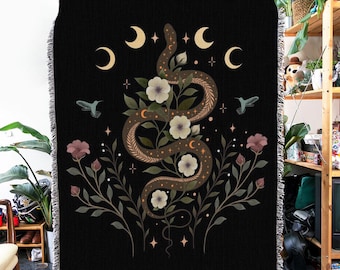 Night Flower Bushes Sofa Blanket, Moon Snake Weaving Blanket, Black Blanket Bedroom Decoration, Housewarming Gift For Best Friend