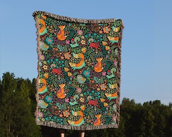 Boho Fox Woven Throw Blanket: Floral Tapestry Wall Hanging