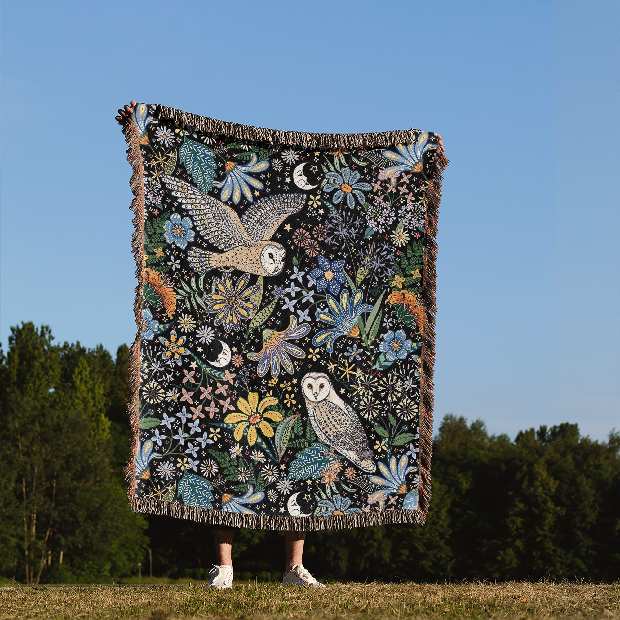 Couverture Indienne Kantha Quiltée Motif Hibou - 127x178 Cm - Coton - Art Déco