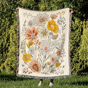 Wild Flowers Woven Throw Blanket Tapestry, Multi-Color Flower Home Decor,  Cotton Cottage Throw Blanket for kids, Floral Blanket