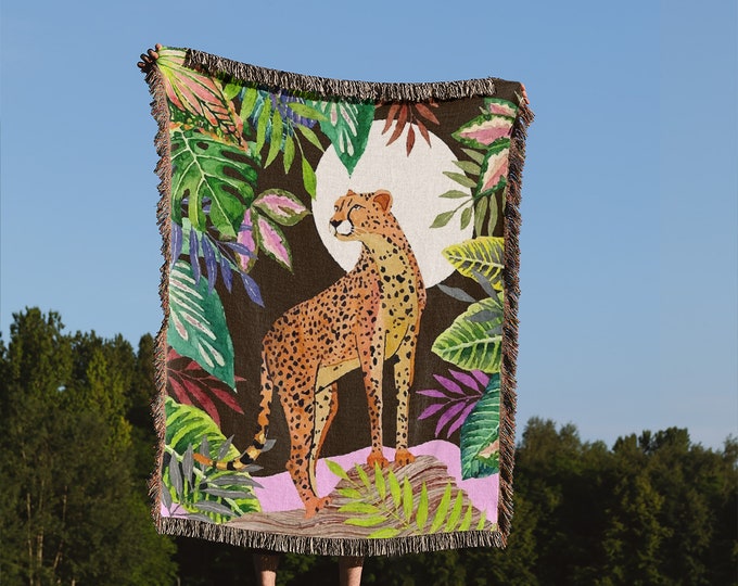 Jungle Cheetah Woven Throw Blanket: Bohemian Tapestry Wall Decor