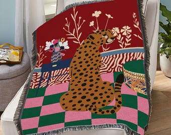 Geweven boho cheetah deken, boho retro tapijt met luipaardprint