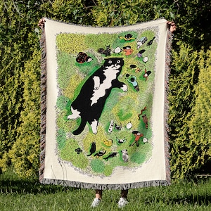 Linda manta tejida para gatos, maximalista caprichosa única, ropa de cama colorida para niños y adolescentes, tiro de picnic de algodón, niños pintando tiro tejido acurrucado