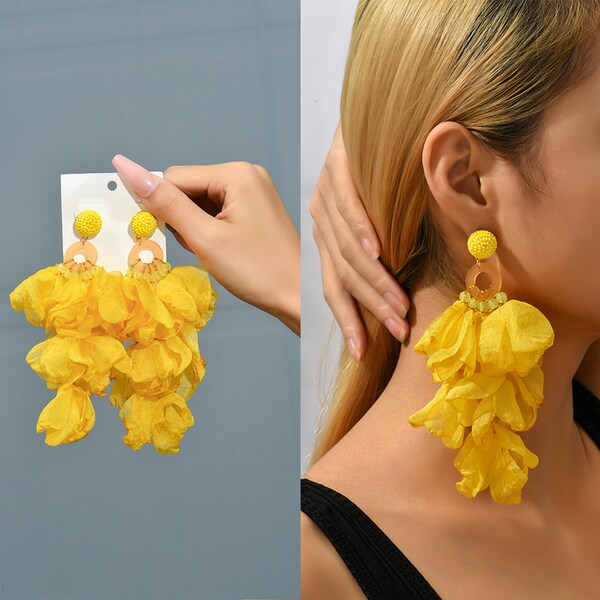 Beautiful Large Yellow Flower Dangle Drop Earrings Summer