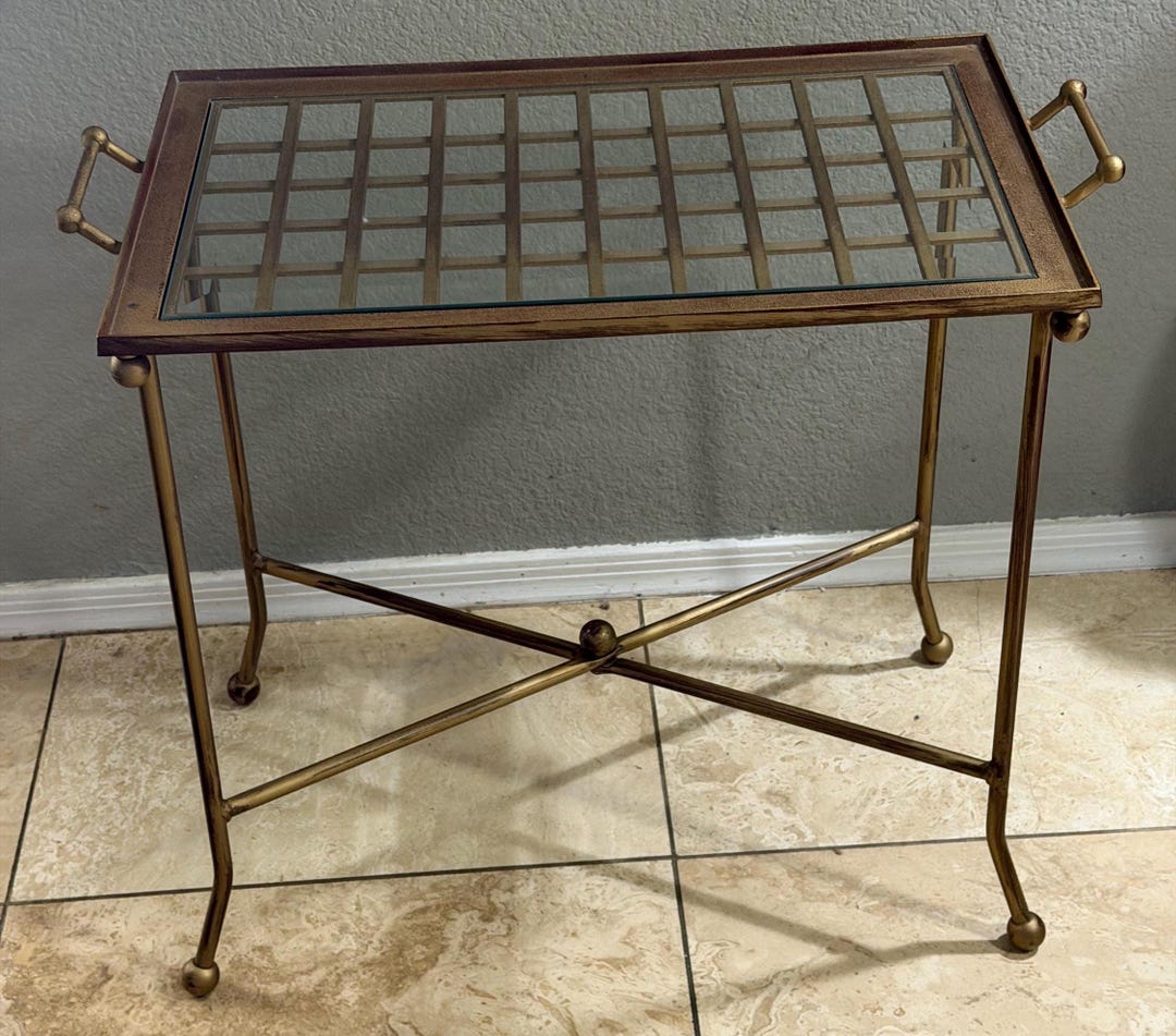 Vtg the Bombay Co. 92’ Brass Style Table Weaved Pattern Removable Glass ...