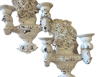 Pair Decoline New York Distressed French Provincial Wall Sconces Shelves Floral Ivory 15.5”