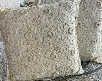 Vintage Mid Century Modern MCM Cream Crocheted Lace Throw Pillows  14” set of 2