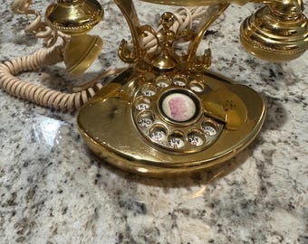 Vintage Princess Rotary Cutie Phone, table phone, ivory and gold made in Japan