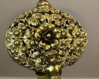 1940’s  ORMOLU Gold Filigree Floral Perfume Bottle Cherub & Glass Dauber EUC