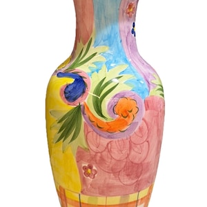 2004 MANN Hand Painted floral 14.5” Pottery Stoneware Art Deco Watercolor Vase