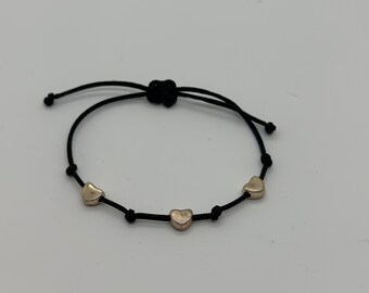 Simple 3 heart bracelet with black string, heart couple bracelet, gift for spouse, boyfriend bracelet, bracelet for girlfriend,