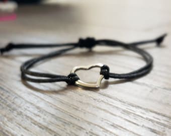 Simple heart bracelet with black string, heart couple bracelet, gift for spouse, boyfriend bracelet, bracelet for girlfriend, love bracelet