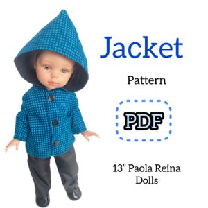 May include: A blue and black hooded jacket pattern for 13" Paola Reina dolls. The pattern is available as a PDF download.  The text "Jacket Pattern PDF" is visible in the image.